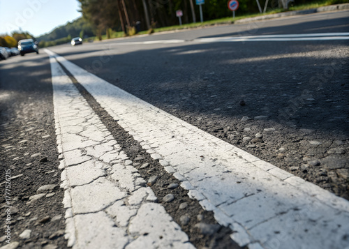 Close-Up View of White Road Markings on Asphalt Surface with Focus on Texture and Depth, Conveying Movement and Journey Concepts in Urban Environment
