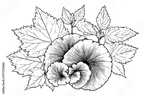 serene still life nature's treasures: Reishi mushrooms lemon balm leaves harmonious arrangement. | Clean, isolated vector art for creative projects.