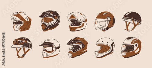 Types of motorcycle helmets set in vintage style. Full face, modular, half, offroad and sport head gear for motor racers. Protective equipment for riders and bikers. Flat isolated vector illustration