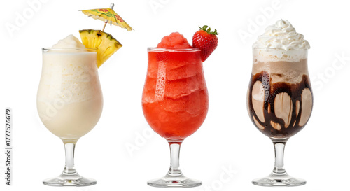 Three refreshing frozen cocktails, including a pineapple, strawberry, and chocolate drink, isolated on transparent background