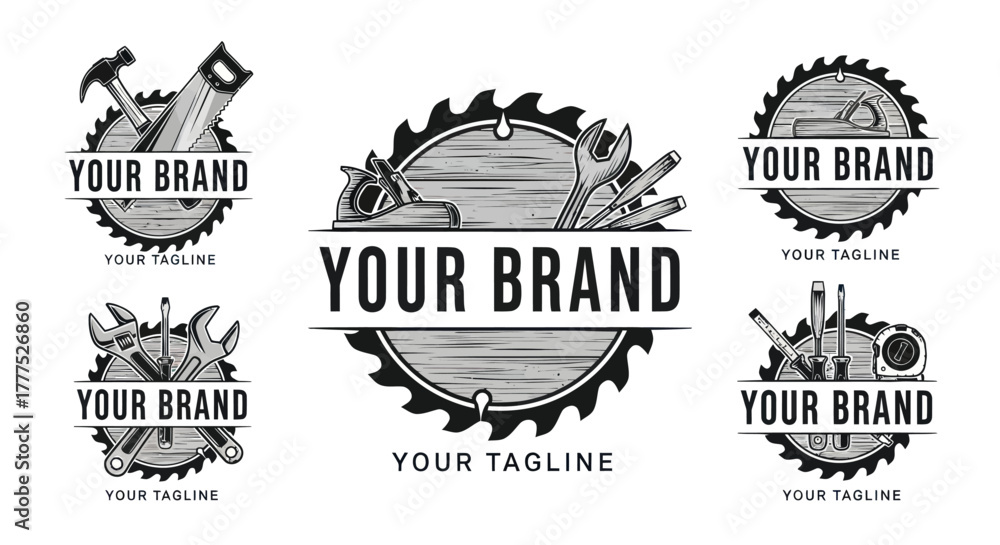 Fototapeta premium Vintage monochrome carpentry logo collection with saw blades and tools.
