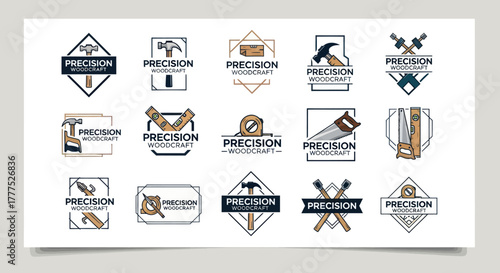 Collection of Vintage Precision Workshop Logos with Tools.