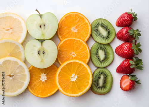 Assorted halved fruits, bright & fresh, clean white backdrop, ingredient, bright