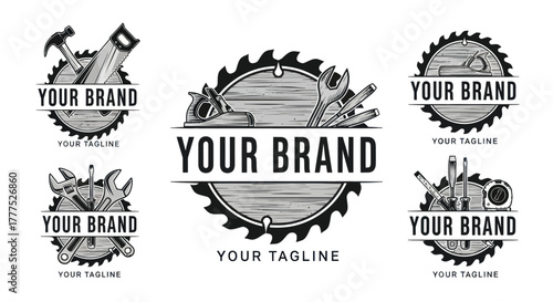 Vintage monochrome carpentry logo collection with saw blades and tools.