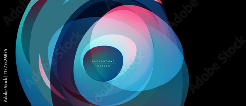 Abstract design features layered shapes, vibrant colors. Blue, pink, teal hues create dynamic visual effect. Modern, flowing composition.