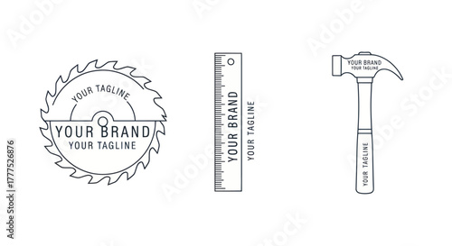 Three hand drawn tools for carpentry and construction work on white background.