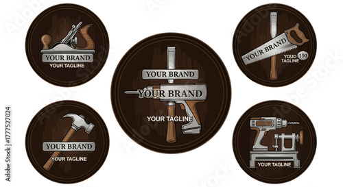 Set of five vintage style carpentry and woodworking tool logos.