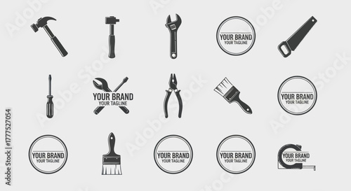 Collection of Hand Tools and Customizable Brand Logos for Construction and Repair Services.