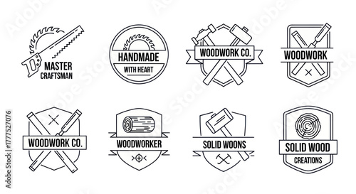 Collection of Hand-Drawn Woodworking Badges and Emblems for Master Craftsmen.