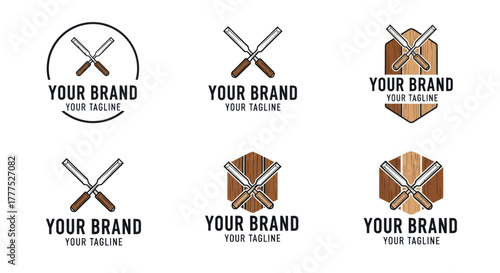 Collection of Woodworking Logo Designs Featuring Crossed Chisels and Customizable Text.