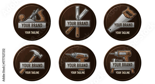 Circular Tool Logos - Plane, Chisel, Saw, Hammer, Drill, and Impact Driver.
