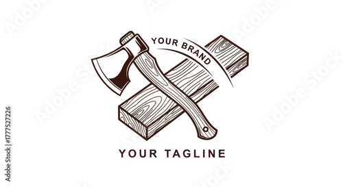 Vintage hand drawn axe and wood planks logo design template.