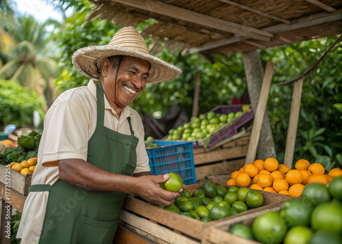 Mature farmer in straw hat and apron smiling while displaying fresh green limes at local market stand, surrounded by citrus fruits and green foliage.