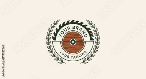 Circular Saw Blade and Laurel Wreath Logo Design for Woodworking Brand.
