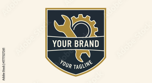 Automotive Repair Service Emblem with Wrench and Gear Logo Design.