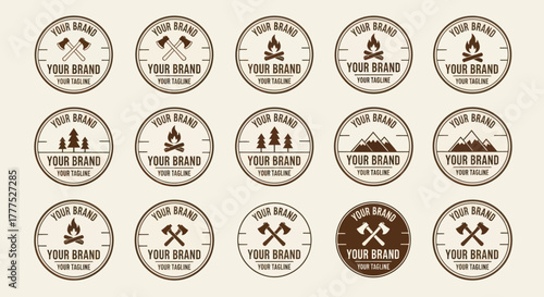 Collection of Vintage Outdoor Adventure Logos and Badges with Camping and Nature Elements.