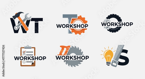 Collection of six workshop logos with tools and text.