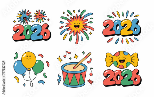 Celebrate exciting new year 2026 with festive balloons, confetti, fireworks, and joyful candy designs for party invitations and decorations