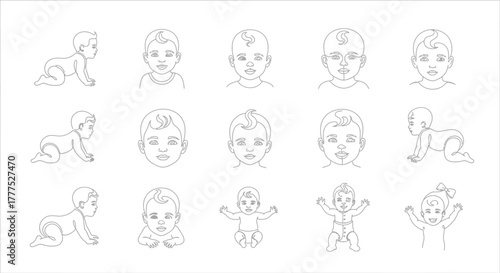 Line art illustration showing the stages of a baby's development from crawling to standing.