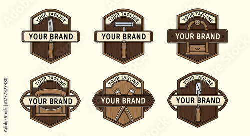 Set of vintage woodworking and carpentry logo templates for branding.