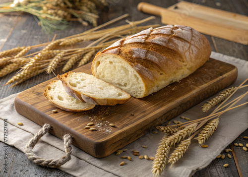 A beautifully baked artisan loaf rests on a rustic wooden cutting board, surrounded by wheat stalks, evoking a sense of warmth and home-cooked goodness.