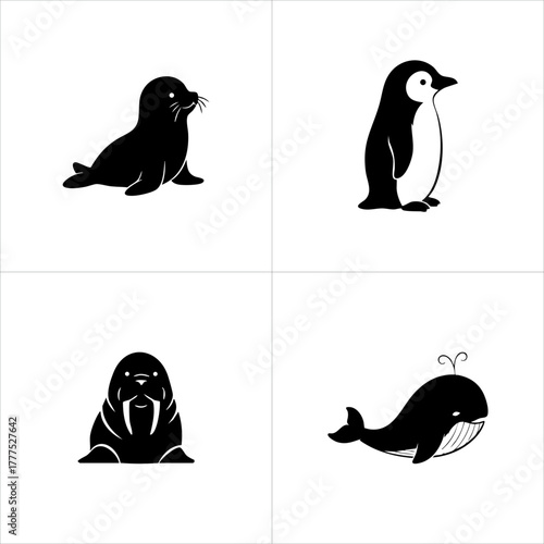 Collection of four adorable cartoon black and white arctic animal icons featuring a seal, penguin, walrus, and whale
