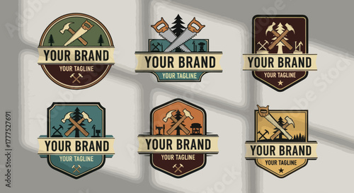 Collection of Rustic Outdoor Adventure Logos Featuring Axes and Trees for Branding.