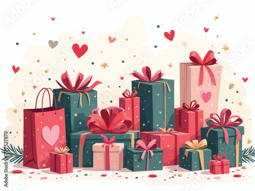 Vector illustration of an abundant pile of colorful gift boxes and a red shopping bag, decorated with ribbons and hearts, perfect for any celebratory occasion