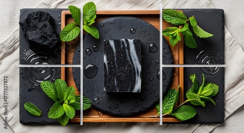 Artisanal Activated Charcoal Soap with Mint Leaves.