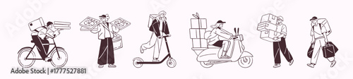 Delivery service contour set. Walking couriers and on transport deliver orders. Carriers on scooter, bike and moped carry boxes of pizza, parcels. Flat isolated outline vector illustrations on white