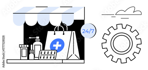 Medicine bottles, pill blister packs, shopping bag with medical cross symbol, 247 sign. Ideal for healthcare access, online shopping, delivery, pharmacy management, convenience health services