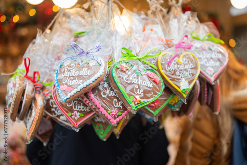 Delicious icing gingerbread cookies at the Christmas market for the New Year in Krakow, Poland