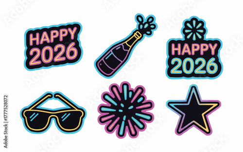 Celebrate the New Year with vibrant Happy 2026 graphics featuring champagne, stars, and festive party elements for exciting event designs.