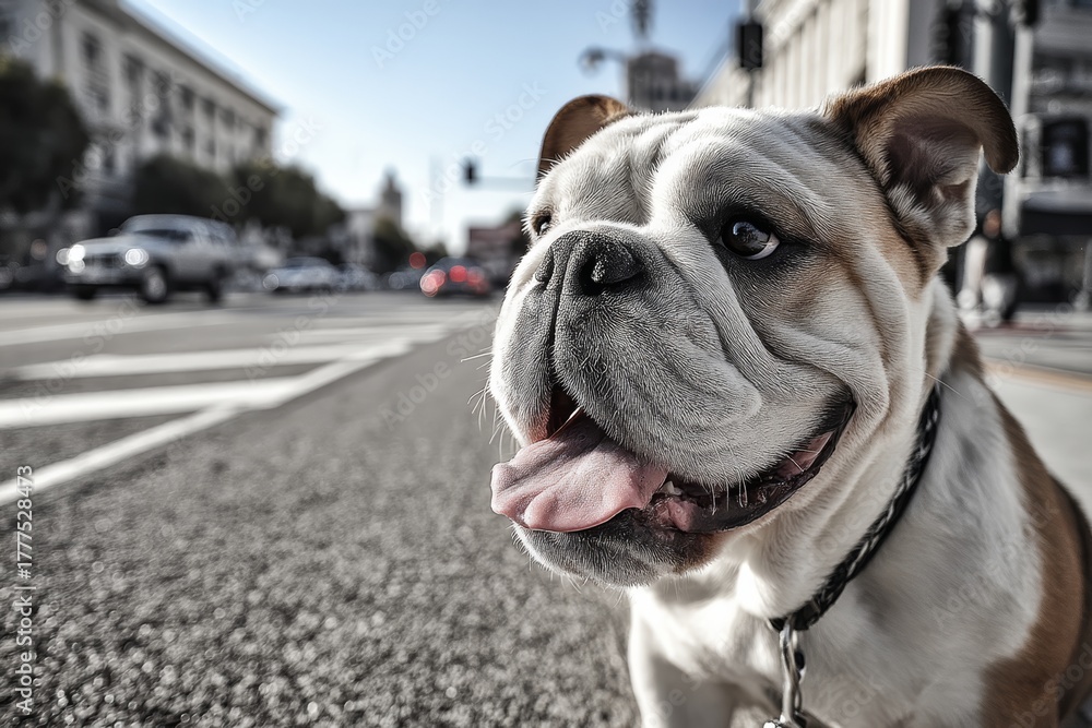 Obraz premium bulldog while standing against busy urban street