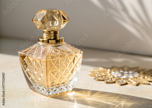 Elegant perfume bottle with gold top catching the light
