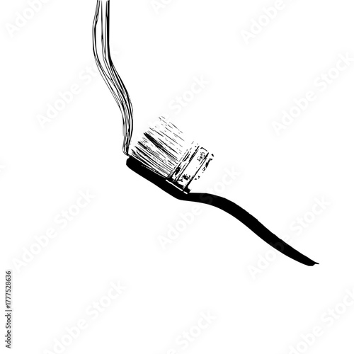 Isolated black and white image of a paint brush with a thick stroke on a white background art piece