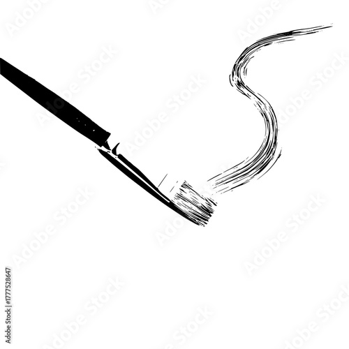 An artistic rendering of a paintbrush creating a curved stroke on a white canvas in black and white style