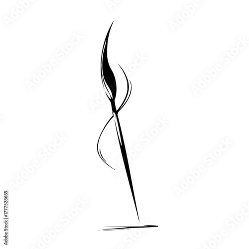 Stylized black and white drawing of a single spear with abstract curved lines and a ground stroke at the base