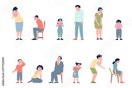 Stress characters. Tired office people with dizziness effects. Housewife, manager, boss, school children hold heads, feeling headache, recent vector set