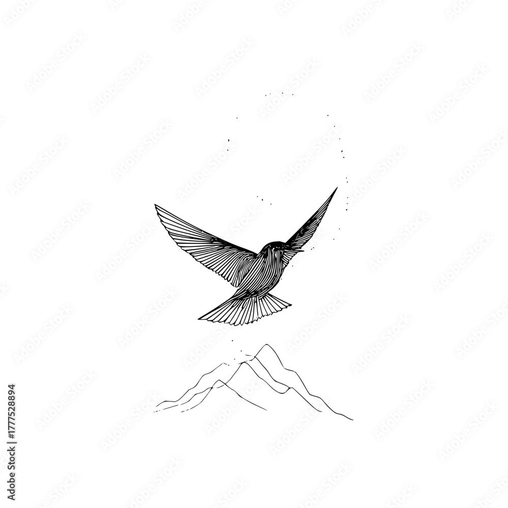 Fototapeta premium Bird in flight above mountain range with a dotted circle in a black and white line drawing style