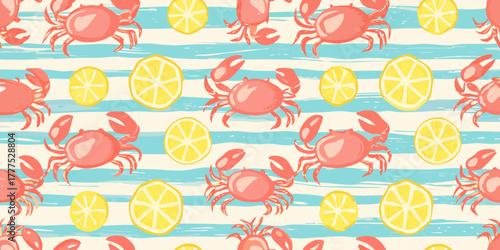 Whimsical coral crabs and bright yellow lemon slices seamless pattern on blue stripes