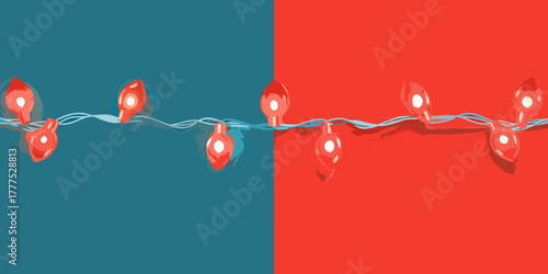 Festive red string lights with white bulbs strung across a split background of teal and red