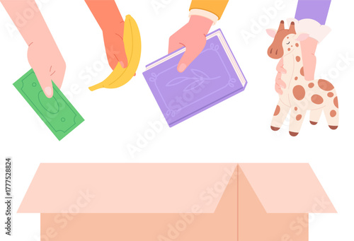 Donations in spesial charity box. Human sharing various things, donation money, food, books, toys for children. Collect social gift, vector concept