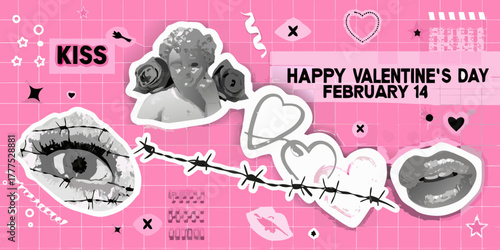 Happy valentine s day february 14 with kiss lips eye cupid and hearts on pink grid background