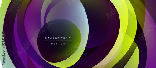 Abstract layers create dynamic composition. Purple, yellow hues blend, forming circular patterns. Modern design element for backgrounds.