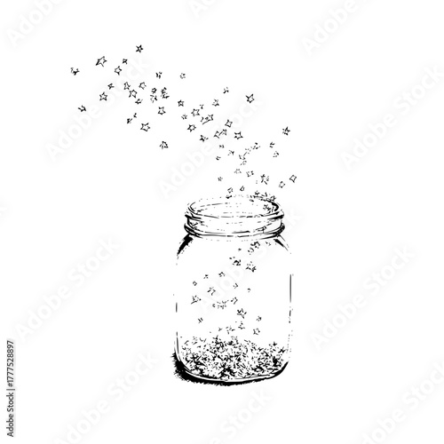 Illustration of a mason jar with stars floating into it against a plain white background art drawing