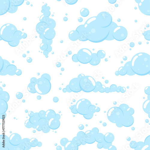 Soap bubbles seamless pattern. Blue foam, washing or douche gel, bath wash effect. Cartoon decorative fabric wrapping print template, vector background
