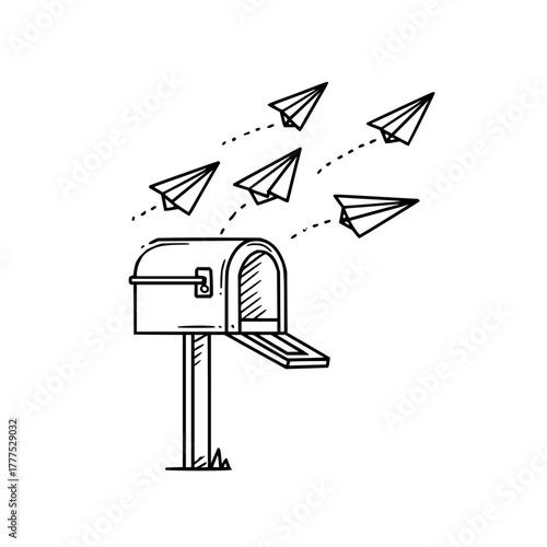Mailbox with open door and several paper airplanes flying away from it in a hand drawn style illustration