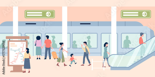 Travel by subway. People on station waiting train, take escalator up to city or metro platform. Public transportation, urban travel passengers, recent vector scene