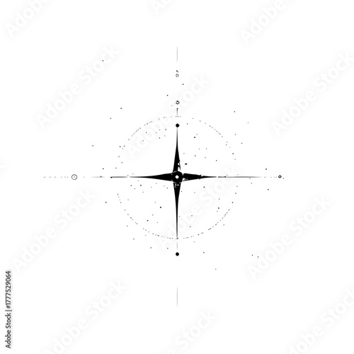 Detailed black and white compass rose design with directional indicators and dotted circle outline element